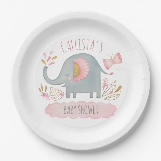 Niedlich Pink Grey Elephant Girl Babydusche Pappteller (Vorderseite)