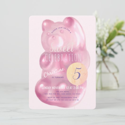 Niedlich Pink Gummy Bear Sweet Girl Candy Geburtst Einladung (Stehend Vorderseite)