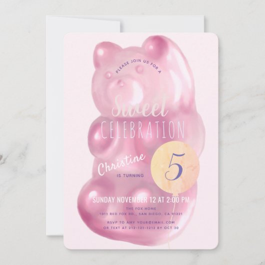 Niedlich Pink Gummy Bear Sweet Girl Candy Geburtst Einladung (Vorderseite)