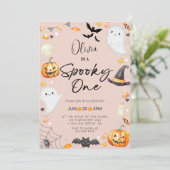 Niedlich Pink Halloween Ghost 1. Junge Geburtstag Einladung (Stehend Vorderseite)