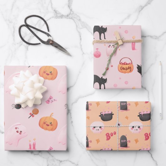 Niedlich Pink Halloween Party Geschenkpapier Set (Vorderseite)