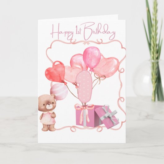 Niedlich Pink Happy 1. Geburtstag Karte (Vorderseite)