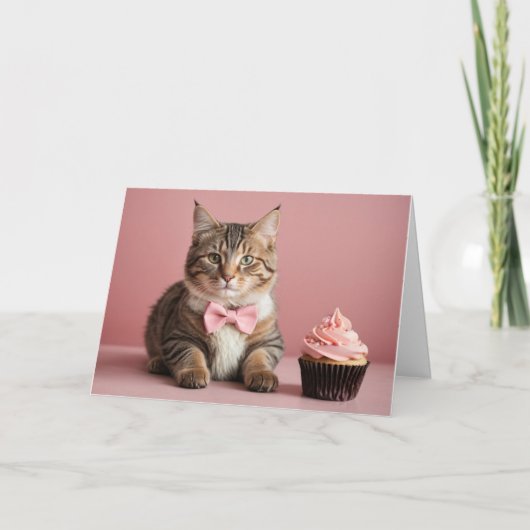 Niedlich Pink Happy Birthday Cat Cupcake Karte (Vorderseite)