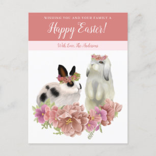 Niedlich Pink Happy Osterfrühling Bunny Rabbits Feiertagspostkarte