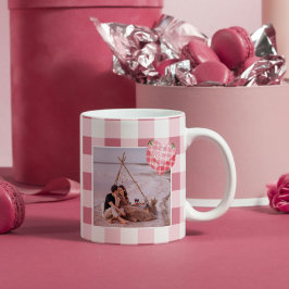 Niedlich Pink Heart Gingham Custom Foto Christmas Kaffeetasse