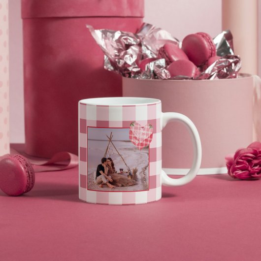 Niedlich Pink Heart Gingham Custom Foto Christmas Kaffeetasse