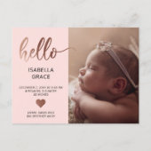 Niedlich Pink Hello Foto Kinderankündigung Ankündigungspostkarte (Vorderseite)