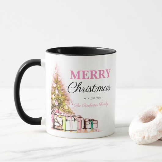 Niedlich Pink Holiday Tree Frohe Weihnachten Gastg Tasse (Mit Donut)
