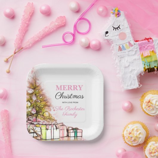 Niedlich Pink Holiday Tree Frohe Weihnachten Party Pappteller (Party)