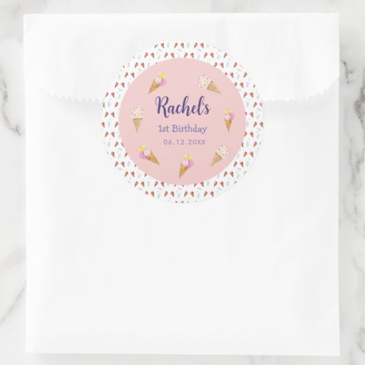 Niedlich Pink Ice Creme Cone Girl Birthday Runder Aufkleber (Tasche)