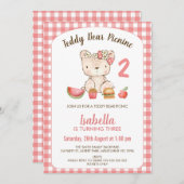 Niedlich Pink Kariert Teddy Bear Picnic Geburtstag Einladung (Vorne/Hinten)