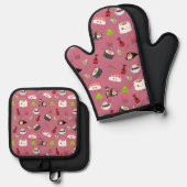 Niedlich Pink Kawaii Sushi Gemustert Ofenhandschuh & Topflappen-Set (Vorderseite/Rückseite)