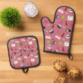 Niedlich Pink Kawaii Sushi Gemustert Ofenhandschuh & Topflappen-Set (Oben Unten)