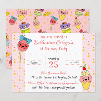 Niedlich Pink Kawaii Süßigkeiten Glückwunsch 1. Ge Einladung