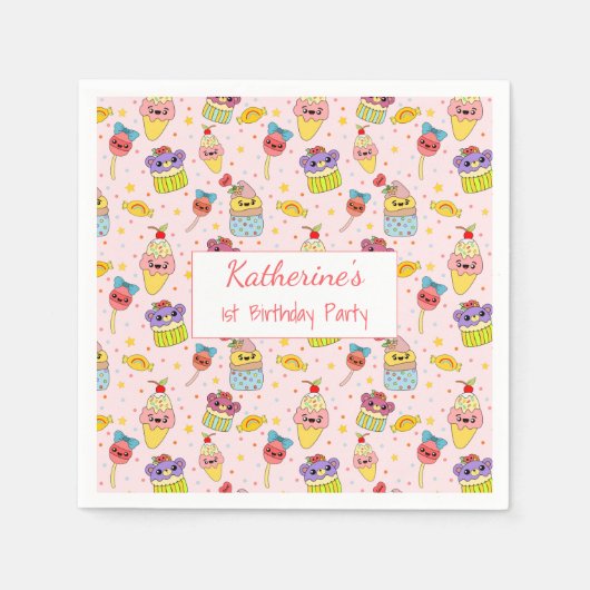Niedlich Pink Kawaii Süßigkeiten Glückwunsch 1. Ge Serviette (Vorderseite)