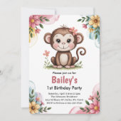 Niedlich Pink Kids Monkey 1. Geburtstag Party Einladung (Vorderseite)