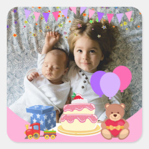 Niedlich Pink Kids Toys Geburtstagsfeier Foto Quadratischer Aufkleber