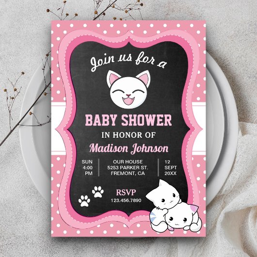 Niedlich Pink Kitten Babydusche Einladung