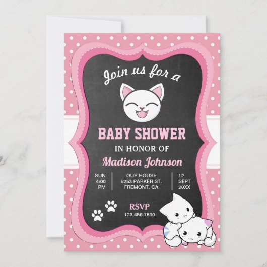 Niedlich Pink Kitten Babydusche Einladung (Vorderseite)