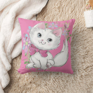 Niedlich Pink Kitten und Blume Girls Kissen