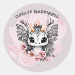 Niedlich Pink Kleiner Drache "Create Happiness" Runder Aufkleber