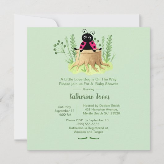 Niedlich Pink Ladybug in Forrest Baby Shower Einladung (Vorderseite)