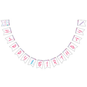 Niedlich Pink Lila Blue Mermaid Girl Happy Birthda Wimpelkette
