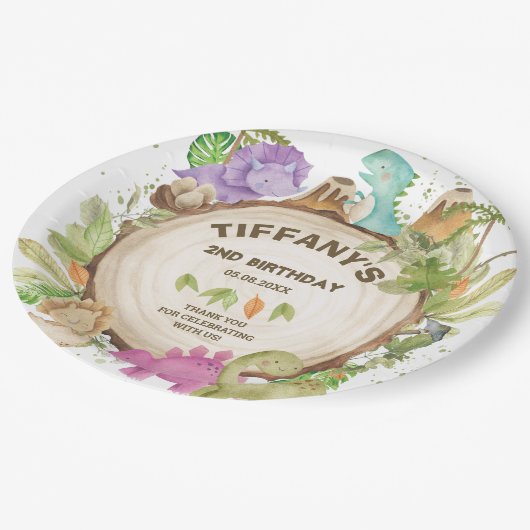 Niedlich Pink Lila Dinosaurier Jurrasic Girl Gebur Pappteller (Schrägansicht)