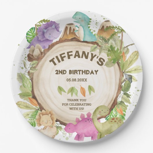 Niedlich Pink Lila Dinosaurier Jurrasic Girl Gebur Pappteller (Vorderseite)