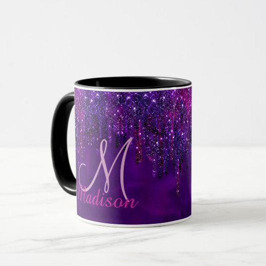 Niedlich Pink lila Unicorn Glitzer Tropfen Monogra Tasse (Vorderseite Links)