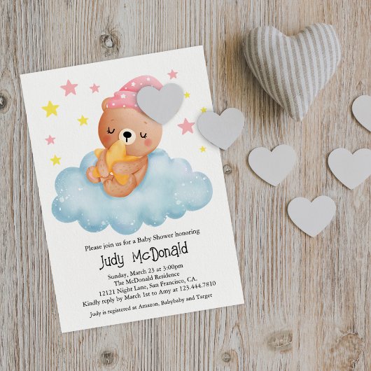 Niedlich Pink Little Bear Baby Dusche Einladung