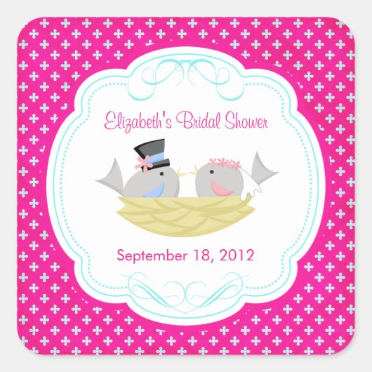Niedlich Pink Love Birds Brautparty Square Sticker (Vorderseite)