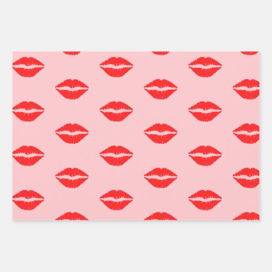 Niedlich Pink Luscious Red Lips Lipstick-Muster Geschenkpapier Set (Vorderseite)