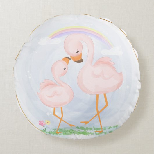NIEDLICH PINK MAMA UND BABY FLAMINGOS RUNDES KISSEN (Vorderseite)