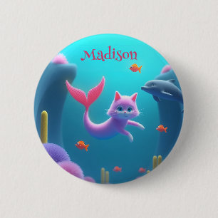 Niedlich Pink Mermaid Kitten Button