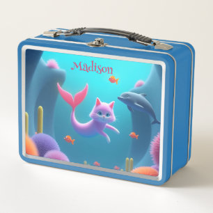 Niedlich Pink Mermaid Kitten Metall Brotdose