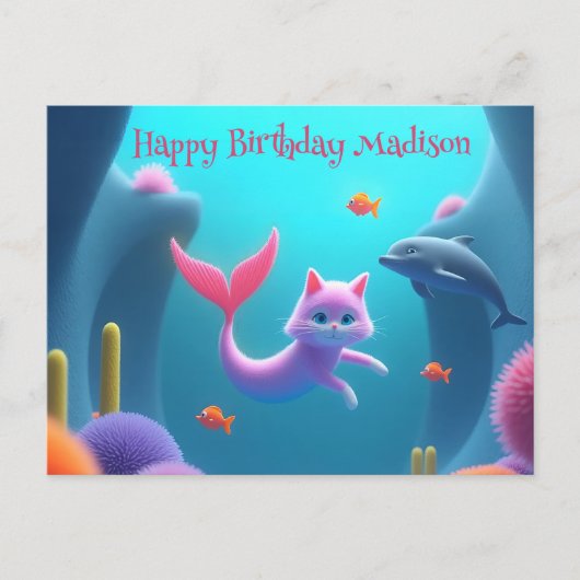 Niedlich Pink Mermaid Kitten Postkarte (Vorderseite)