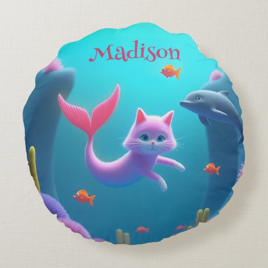 Niedlich Pink Mermaid Kitten Rundes Kissen (Rückseite)