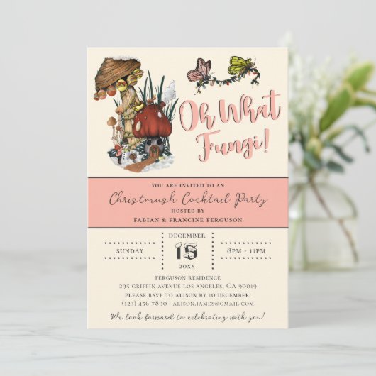 Niedlich Pink Merry Mushroom Weihnachtsfeier Einladung (Stehend Vorderseite)