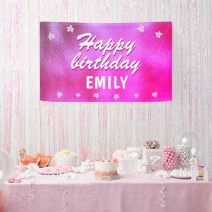 Niedlich Pink Metallic Star Girly Happy Birthday Banner