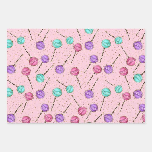 Niedlich Pink Mint Lila Lollipops Kleines Mädchen Geschenkpapier Set (Vorderseite)
