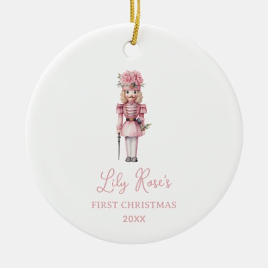 Niedlich Pink Nutcracker Baby's First Christmas Keramik Ornament (Vorne)
