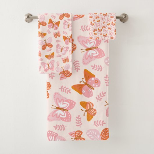 Niedlich Pink Orange Boho Schmetterlingsmuster Badhandtuch Set (Insitu)
