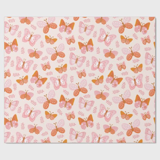 Niedlich Pink Orange Boho Schmetterlingsmuster Geschenkpapier (Flach)