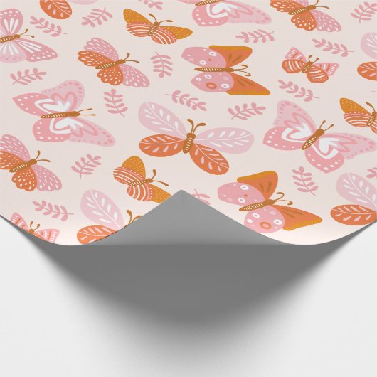 Niedlich Pink Orange Boho Schmetterlingsmuster Geschenkpapier (Ecke)