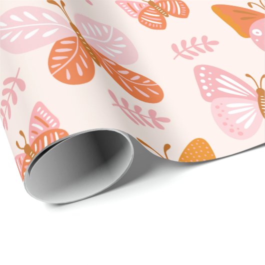Niedlich Pink Orange Boho Schmetterlingsmuster Geschenkpapier (Rolleneckpunkt)