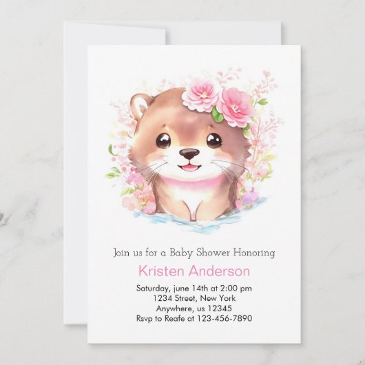 Niedlich Pink Otter und Wildblumen Girl Baby Dusch Einladung (Vorderseite)