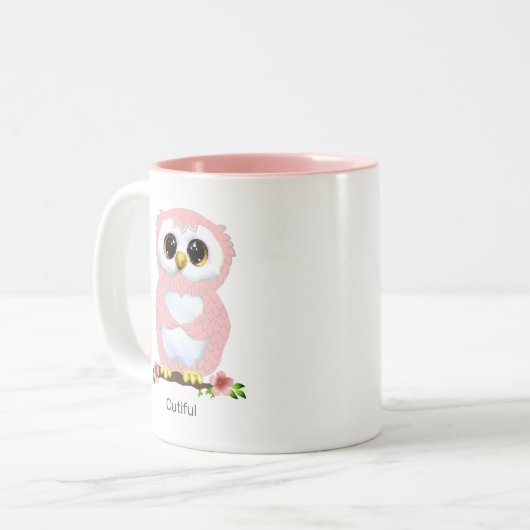 Niedlich Pink Owl Cartoon & Kalligrafie Zweifarbige Tasse (Vorderseite Links)
