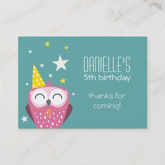 Niedlich Pink Owl Geburtstag Danke, Gastgeschenke Visitenkarte (Vorderseite)