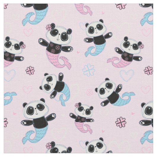 Niedlich Pink Panda Bear Mermaids Stoff (Nahaufnahme)